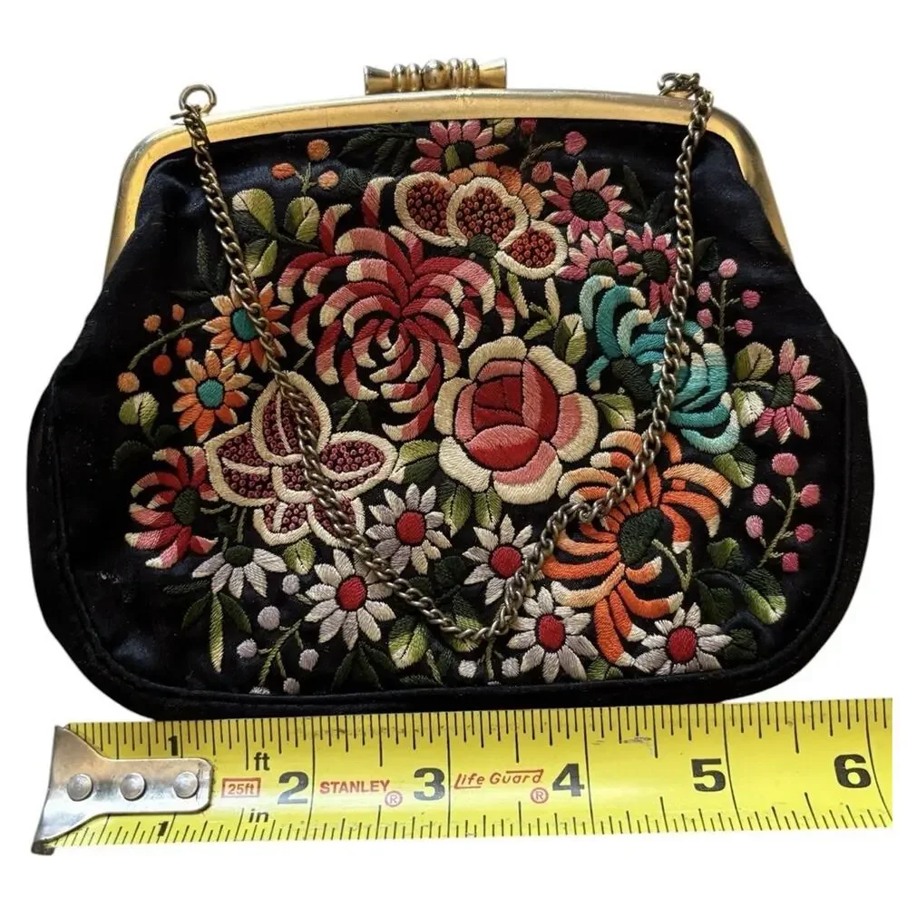 Floral Clutch VTG 60s 70s Black Silk Embroidered Evening Bag Hong Kong